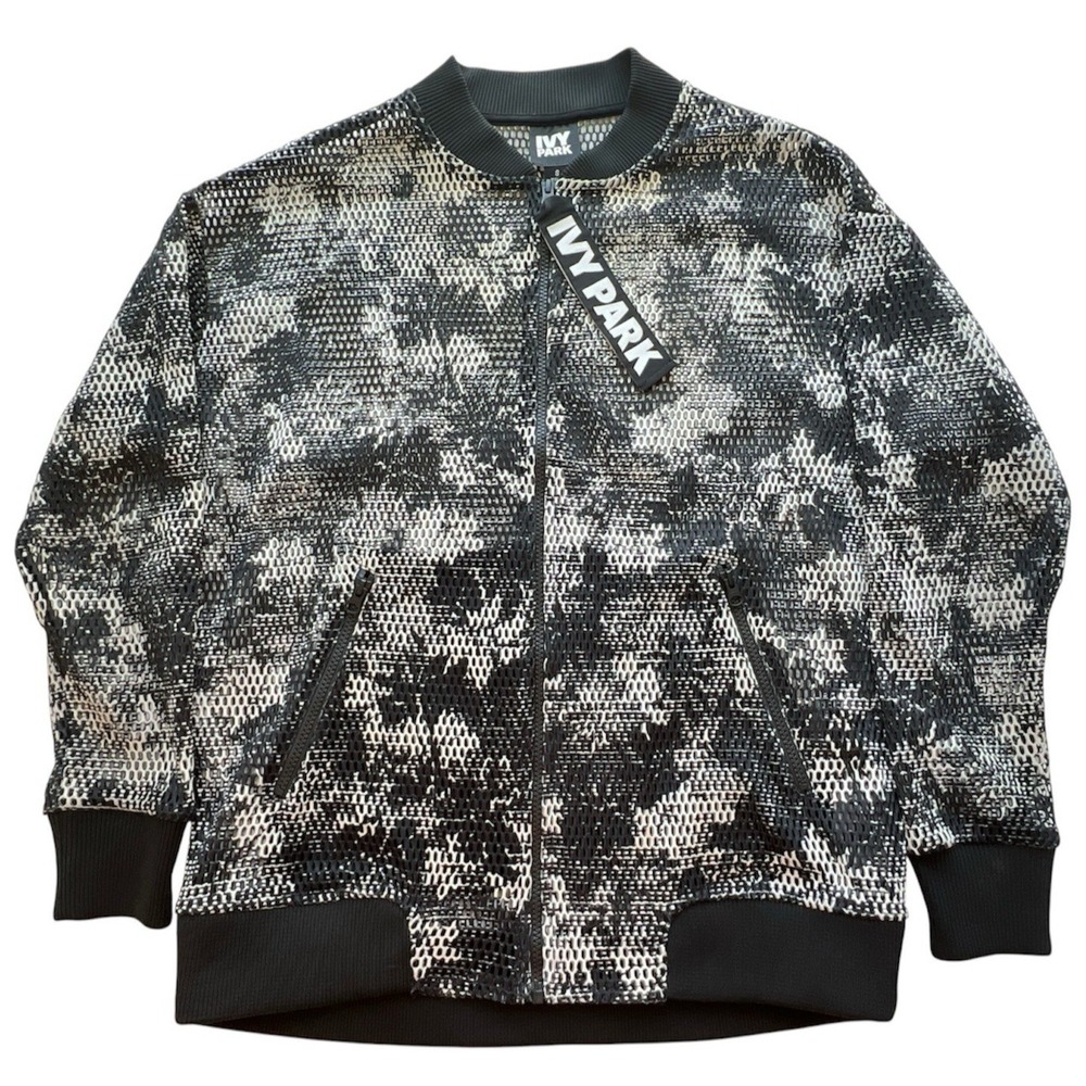 IVY PARK Bomber Jacket Womens S Black Cream Floral Mesh Full Zip Pockets Logo - Picture 2 of 8